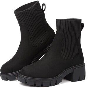 BKWHDAY Women's Black Chelsea Platform Ankle Boots Fashion Chunky Heel